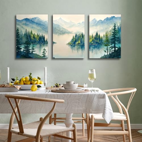SERIMINO Nature Landscape Wall Art for Living Room, Green Forest Mountain Canvas Prints Paintings Room Decor, Lake Tree Cottagecore Modern Farmhouse Wall Decor Set of 3, 16"X24"