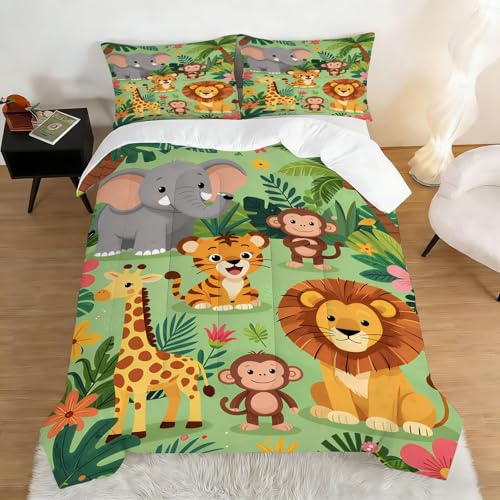 Image of Cute Animal Comforter Set Twin Size Zoo Jungle Bedding Sets for Boys Girls Kids Teens Bedroom Cartoon Elephant Monkey Giraffe Lion Tiger Quilt 1 Comforter 1 Pillowcase