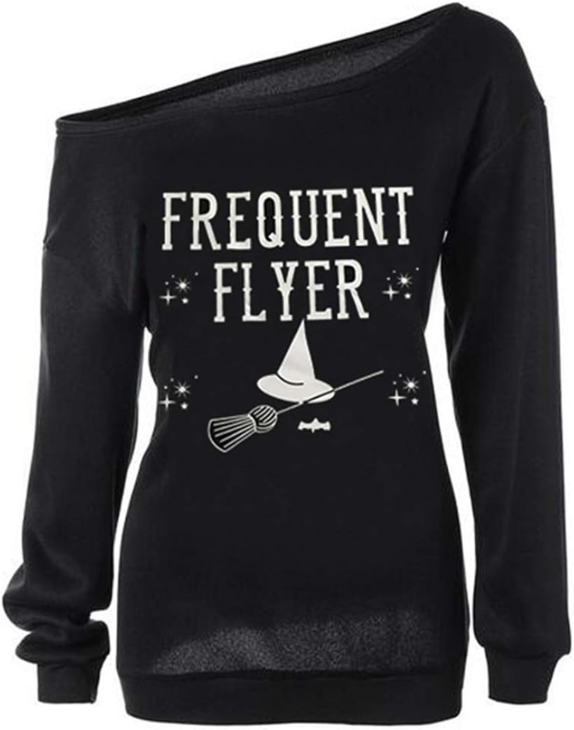 Dutebare Women Halloween Off Shoulder Sweatshirt Slouchy Witch Shirt Long Sleeve Pullover Tops