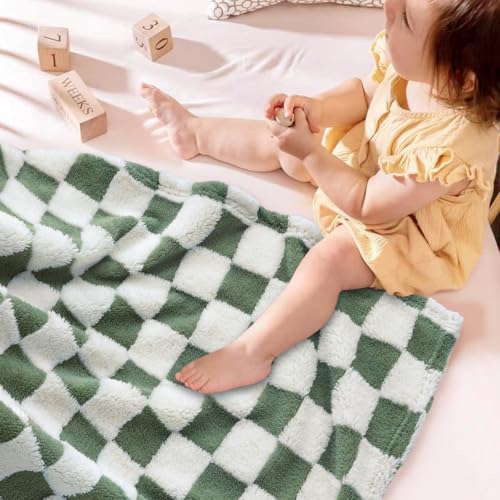 Image of HOMRITAR Forset Green Checkered Baby Blanket for Boys Girls Fluffy Fleece | Soft Plush Warmer Bed Throw Blanket for Infant Toddler Shower Gift Nursery Crib Stroller All Season 30 x 40 Inch