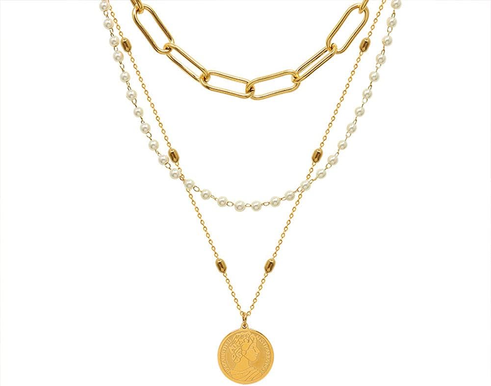 LUREME 3 Layered Chain Necklace 18K Gold Link Coin Pendant Necklace Pearl Chain Necklace for Women (nl006275)