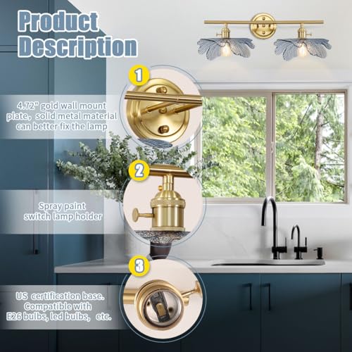Image of 2 Light Bathroom Vanity Light Gold Brass Wall Sconce with Blue Flower Glass Shade Mid Century Wall Light Vintage Wall Sconce Art Deco Bathroom Lights Over Mirror for Bedroom Hallway Living Room