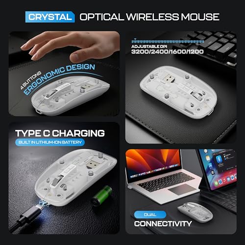 Image of Geonix Crystal Optical Wireless Transparent Mouse, 2.4GHz with USB Nano Receiver, 4 DPI Modes, High Precision Optical Tracking, 10m Working Distance with RGB Light (White)