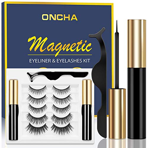 ONCHA Magnetic Eyelashes with Eyeliner Kit, 5 Pairs 3D Reusable Magnetic False Lashes Set Natural Look with 2 Eyeliner and Tweezers, No Glue Needed