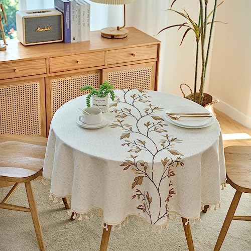 IBEQUEM Mantel de algodón y lino, antimanchas, rectangular, beige, con borla, hojas bordadas decorativas redondeadas, mantel para cocina, pícnic, restaurante (redondo-140 cm)