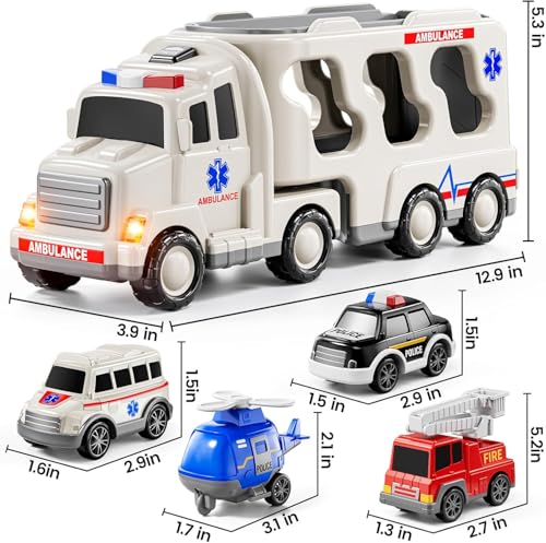 Image of Mini Explorer 5 in 1 Ambulance Vehicle Toddler Truck Toys,Friction Powered Cars with Toy Helicopter,Police Car,Fire Truck,Ambulance Car,Birthday Gifts for Girls Age 3-9