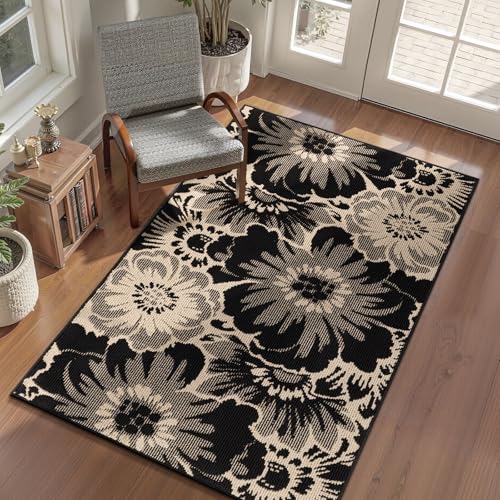 Tapete decorativo floral lavable 3x5 negro y beige miniatura 1