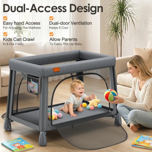 Image of UMIKU Travel Pack and Play Baby Travel Crib with Bassinet, Extra Large Foldable Portable Baby Playpen with Mattress & 2 Zipper Access, Portable Cribs Play Pen Babies Essentials Travels Bed Grey
