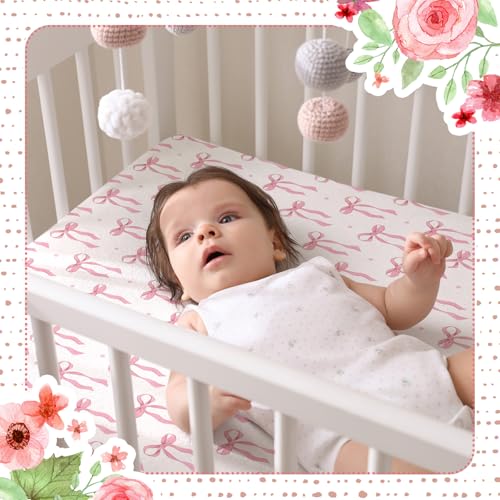 Image of Peryiter 4 Pack Crib Sheets Girl Soft Baby Bed Sheet Set 52'' x 28 inch Nursery Crib Sheets for Standard Bed for Nursery Decor Baby Boys or Girls(Pink,Coquette Bow)