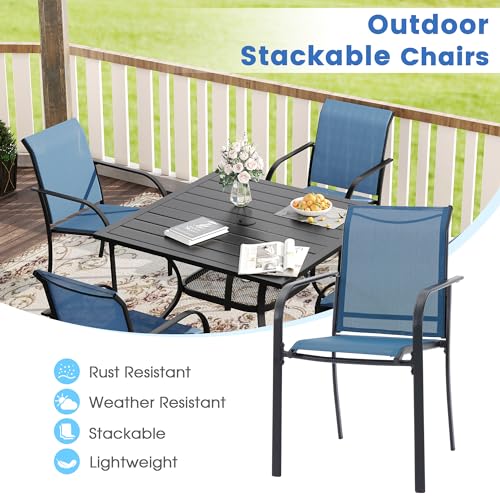 Image of VICLLAX Patio Dining Set for 6, Outdoor Furniture Set Includes 63 inch Rectangle Patio Table and 6 Patio Stackable Chairs, Outdoor Table and Chairs for Outsides, Black Tabletop and Blue Fabric
