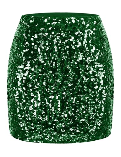 MANER Women's Sequin Skirt Sparkle Stretchy Bodycon Mini Skirts Night Out Party(Large, Dark Green)
