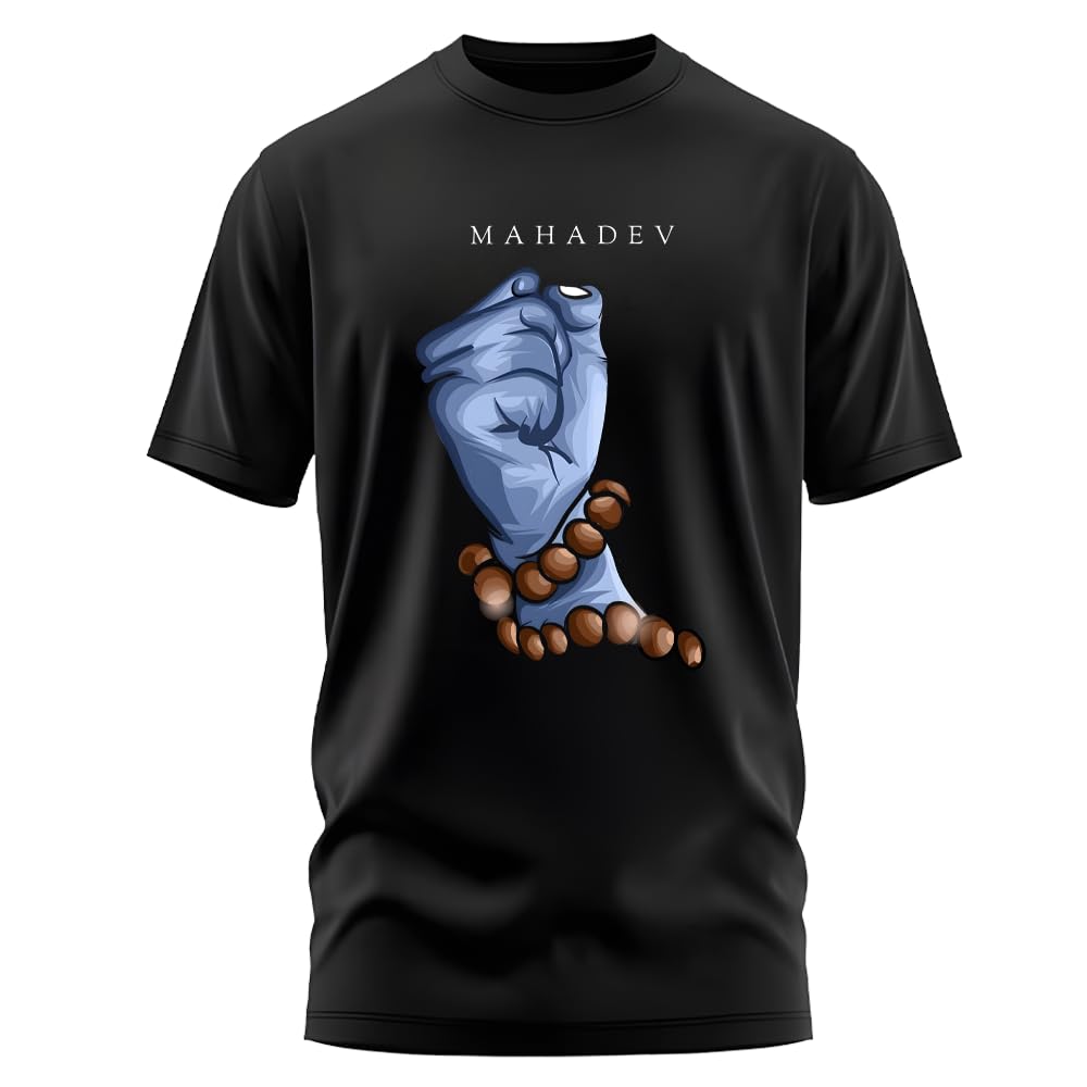 MAHADEV Graphic T-Shirt | Lord Shiva's Blue Fist with Rudraksha Mala Print | Black Cotton Religious Hindu God Tee | Unisex Round Neck Regular Fit T-Shirts (Large) Teal-picture-44