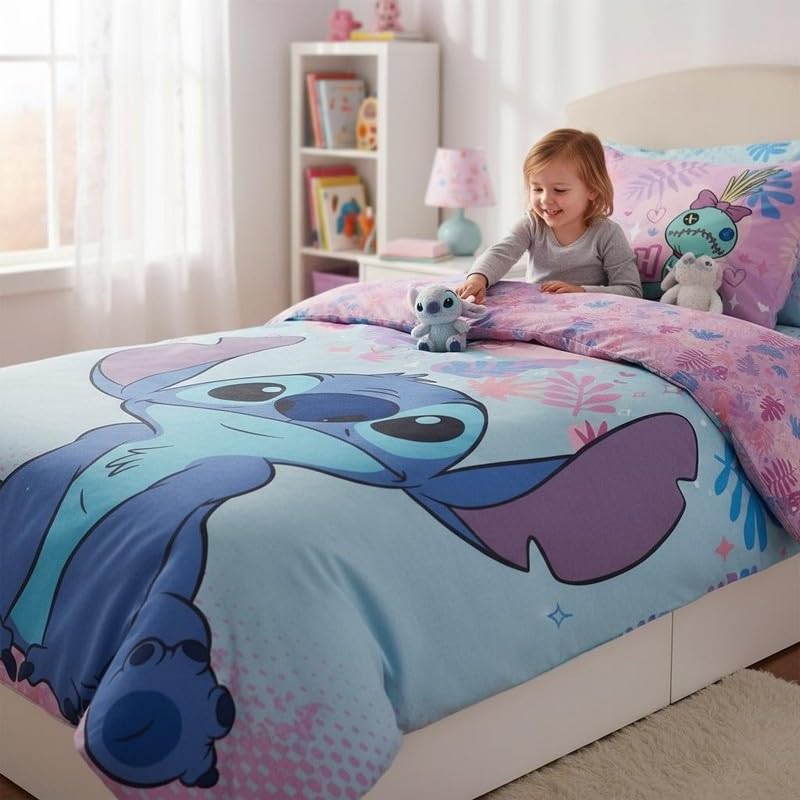 anemone Parure de Lit Stitch, Housse de Couette Disney140x200 cm + Taie d'oreiller 65x65 cm, 100% Coton (Arc-en-Ciel