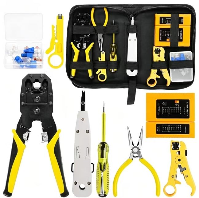 Kit d'Outils Réseau Multifonction, Jaune et Noir, Pince à Sertir, Testeur de Câble, pour CAT5/CAT6/CAT7, avec Sac de Rangement