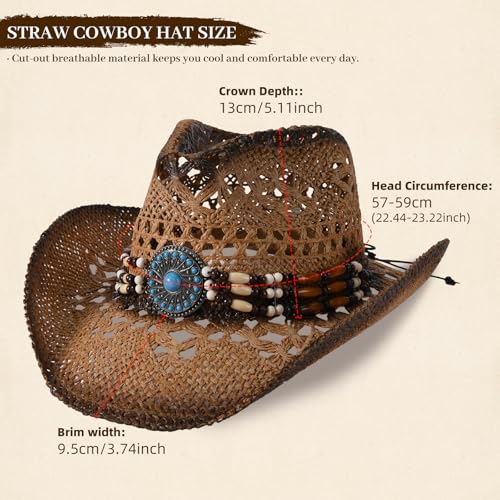 Straw Cowboy Hat for Men Womens Straw Cowgirl Hat Summer Western Cowboy Hats with Wide Brim for Cowgirls and Cowboys3