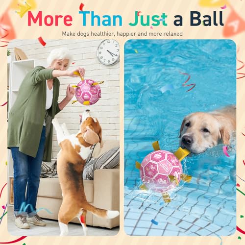 Image of QDAN Dog Birthday Toys, Puppy Gifts, Dog Soccer Ball with Straps, Pink | 8 Inch Outdoor Herding Balls for 30-90 lbs Dogs, Interactive Training Soccer Toy for Tug of War, Dog Ball to Keep Them Busy