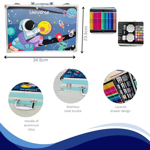 Image of Parssufy 145-Piece Art Set for Kids with Unicorn Storage Case | Drawing & Painting Kit with Oil Pastels, Watercolors, Sketch Pens, Color Pencils | Art & Craft Supplies (145-Astronaut in Space (Blue))