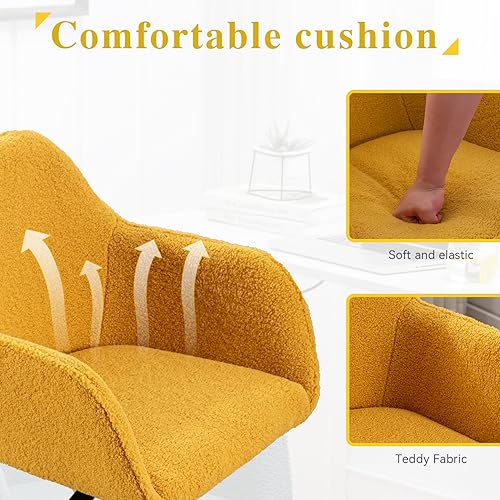 Image of FOXHUNTER Vanity Chair with Wheels 360 Swivel, Teddy, Yellow | Home office desk chairs,adjustable height accent chair for living room,bedroom