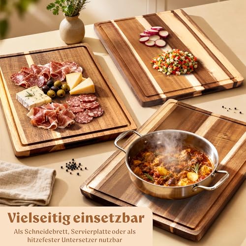 EDELHAUS Schneidebrett Holz (43,5x32,5x2cm) Holzschneidebrett aus Massiver Akazie - 2cm dicke Holzbretter Küche mit Saftrille - Design Cutting Board Schneidbrett