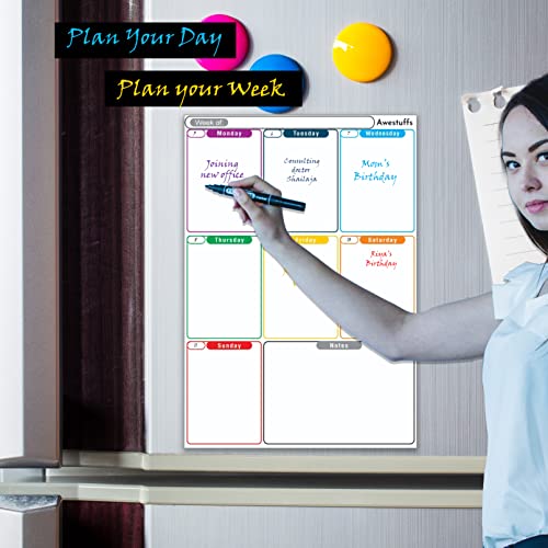 Image of Awestuffs Magnetic Whiteboard Sheet for Fridge /Office /Metal Wardrobe - Stain Resistant Dry Erase Flexible Writing Whiteboard Sheet with 2 Marker Pens (Weekly Planner [31 x 23 cm] (Medium))