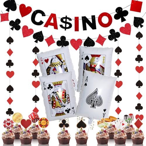 Dncvb Casino Decoration Anniversaire, Poker Ballons de Cartes à Jouer, Décorations de Fête de Casino avec Guirlande de Poker, Bannières de Casino, Toppers...