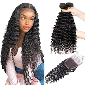 Deep Wave Bundles with Closure Human Hair 16 18 20 inch Deep Wave Human Hair Bundles with Closure 5×5 HD Lace Closure Free Part 14 inch 100% Unprocessed Virgin Hair Bundles with Closure Deep Wave