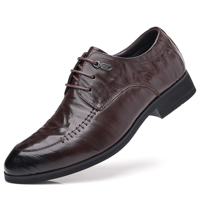 Men's Genuine Leather Oxford Shoes Retro Pointed Chunky Heel Non-Slip Business Dress Shoes Derby Shoe for Men