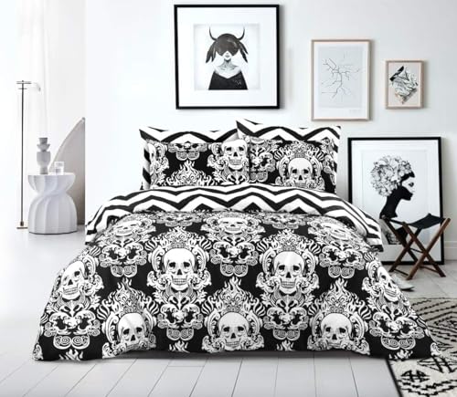 MK Home Textile Reversible Cotton Duvet Cover Set, Black Skull & White Stripe Quilt Covers with Pillow Cases, Double, King
