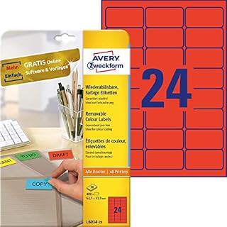 Avery L6034-20 Removable Coloured Labels (A4 Sheets of 63.5 x 33.9 mm, 24 Labels Per Sheet, 20 Sheets) - Red