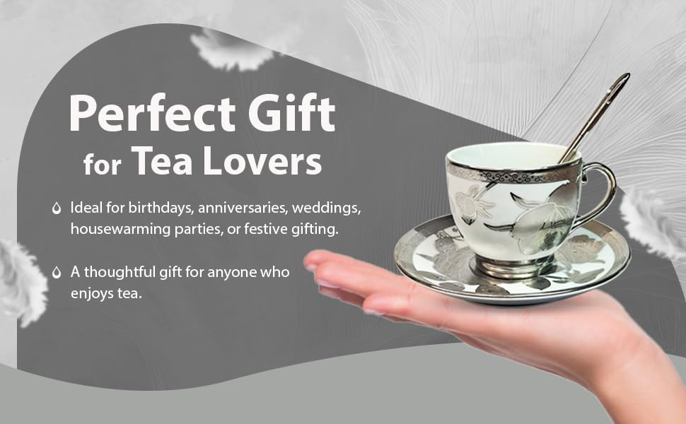 Image of Premium Ceramic Tea Set - 18 PCS | Elegant Gold-Plated Tea Cup Set with 6 Cups, 6 Saucers, 6 Spoons | Ideal for Home, Office, and Parties (Silver)
