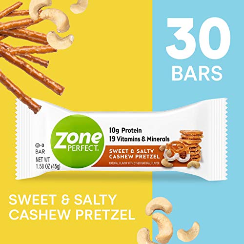 ZonePerfect Protein Bars, Sweet & Salty Cashew Pretzel, High Protein, With Vitamins & Minerals, 1.58 Ounce (30 Count)