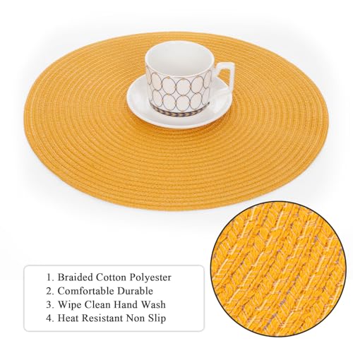 Image of SHACOS 15 inch Round Braided Placemats Set of 6 Non Slip Washable Kitchen Table Place Mats Cotton Polyester Heat Resistant Table Mats for Home Wedding Dinner Party Table Decor, Mustard Yellow
