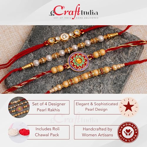 Image of eCraftIndia Set of 4 Rakhi Combo Hamper | Red Golden & White Beads Pearl Diamond Designer Rakhis