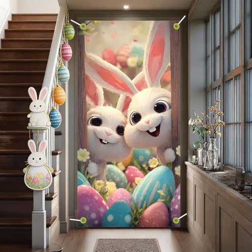 Image of Easter Door Cover 35.43 x 70.87 Inch Two Cute Bunnies Peeking from Wooden Frame with Colorful Eggs Spring Flowers and Soft Lighting Ideal for Holiday Door Decoration and Seasonal Display