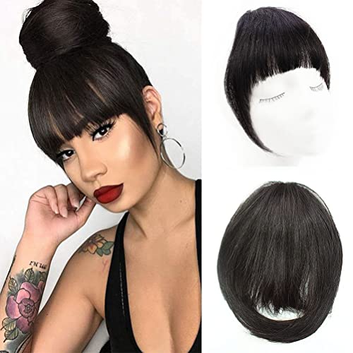 Clip in Bangs Real Human Hair Flat Bangs Remy Fringe Hair Extensions Thick Full Tied Bangs with Temples Clip on Hair Pieces for Women Natural Color