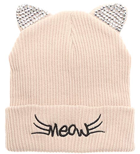 MIRMARU Damen Strickmütze mit Katzenohren, weich, warm, bestickt, mit Steinverzierung, beige, Einheitsgröße Cover