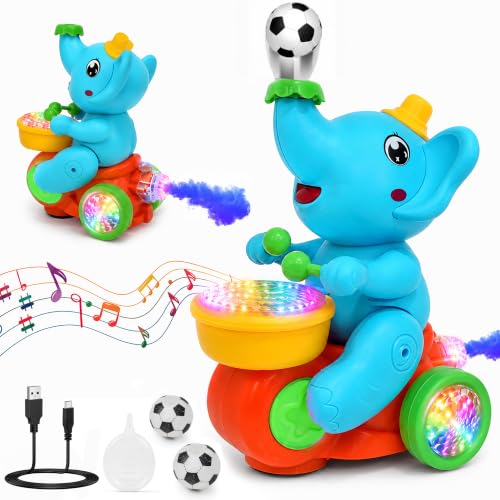 Image of Gooyo USB Rechargeable Drummer & Dancing Cute Elephant Toy for Kids with Smoke Effect, Blowing Ball Fun Feature, Flashing LED Lights & Music, Bump & Go Action, Gift Box Packaging