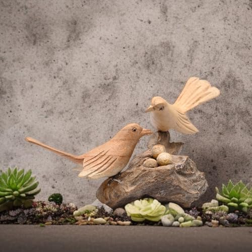 Image of BAGUS Handcrafted Wooden Birds on Nest Sculpture, Traditional Home Decor, Natural Wood Finish, 20X9X9 cm