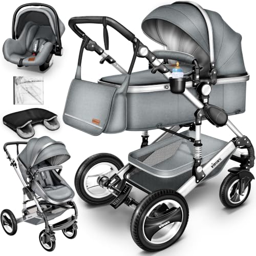 KIDUKU® Poussette Combinée 3 en 1 | Trio pour Enfants | Siége Auto Légère, Piable | Nacelle Souple Convertible | Set de Voyage (Gris)