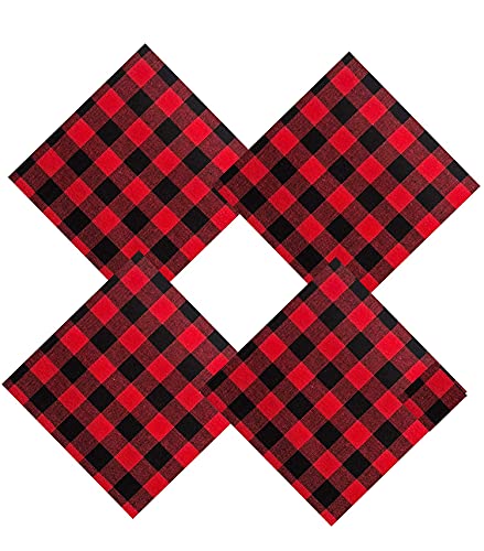 Lintex Country Rustic Red and Black Buffalo Plaid Cotton Fabric Napkins, Cottage Style Spring Plaid Easy Care Placemats, Set of 4 Napkins