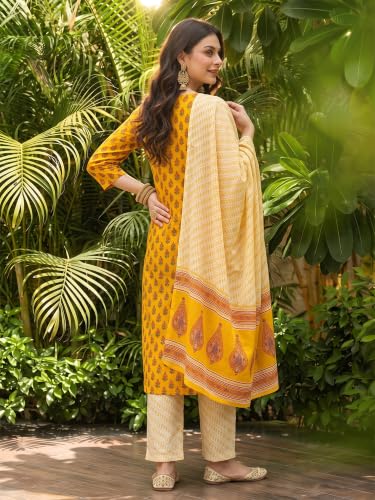 Image of Vaamsi Women's Rayon Blend Ethnic Motifs Printed Straight Kurta Palazzo With Dupatta (VKSKD1042 Yellow XL)