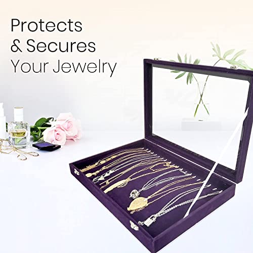 Hivory Necklace Organizer Tray - Necklace Storage Box With Glass Lid - Stackable Necklace Jewelry Holder Velvet Tray With 20 Hooks (Purple) #TOP4