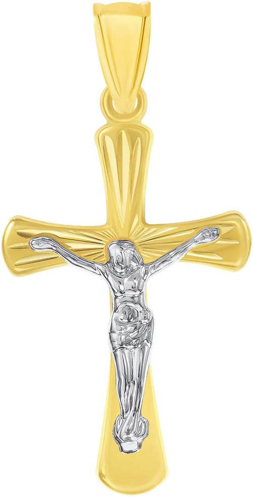Jewelry America 14k Two-Tone Gold High Polished Textured Religious Cross Jesus Crucifix Pendant Necklace - Image 2