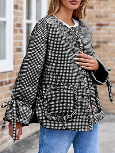 Tankaneo Womens Cropped Quilted Puffer Jackets Lightweight Plaid Button Down Bow Padded Down Coat2