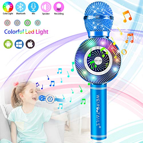 weird tails Wireless Karaoke Microphone, Handheld Bluetooth Microphone with Speaker and Light Echo Mic Portable Karaoke Player for Kid Adult Girl Home Party Singing Birthday Gift (Blue)