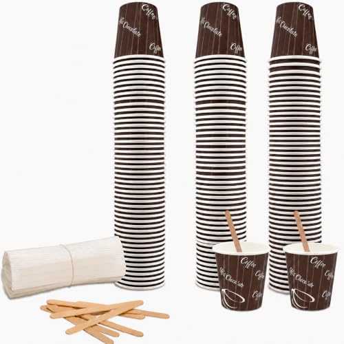 COFFISANO Set mit 150 Kaffeebechern 75 ml aus braunem Papier + 150 Holzstäbchen; Einwegbecher und Rührstäbchen, recycelbar, für Restaurants, Büro, Sport, Bar, Espresso