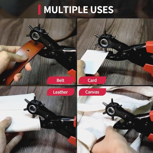 Image of Rotary Leather Belt Hole Puncher Pliers, Belt Punching Machine With 6 Sizes Heavy Duty Belt Hole Machine for Straps Crafts Adjustable Steel Head Comfortable Grip