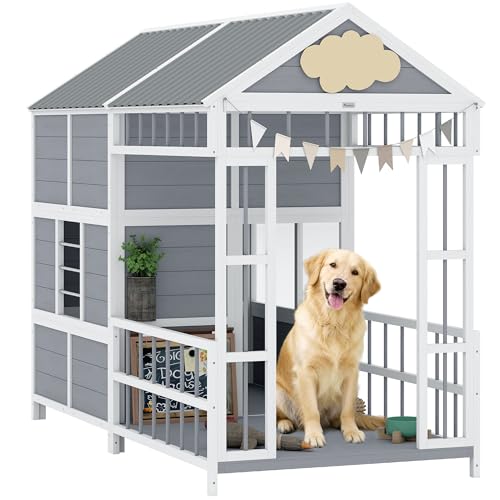 PawHut Dog House Outdoor Indoor, 79' x 41' x 63' Wooden Dog Shelter with Porch, Storage Cabinet, Weatherproof Roof, Elevated Floor, Air Vents & Observation Windows, Large Pet Shelter for Large Breeds