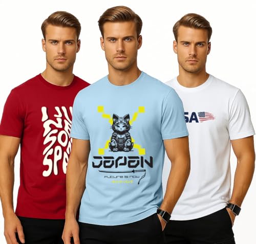 Image of Veirdo 100% Pure Cotton Regular Fit Aesthetic Graphic Printed Round Neck Half Sleeve T-Shirt Combo for Men (Pack of 3) (Green,Red,Swanwhite,Black,Navy Blue,White,Brown,Royal Blue)