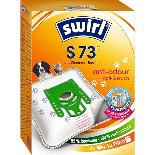 Swirl S 73 EcoPor Anti-Geruch Staubsaugerbeutel (4 Beutel) reißfeste Staubbeutel für einige Siemens & Bosch Staubsauger mit Geruchsfilter 99 9% Filterung von Hausstaub & allergenem Feinstaub